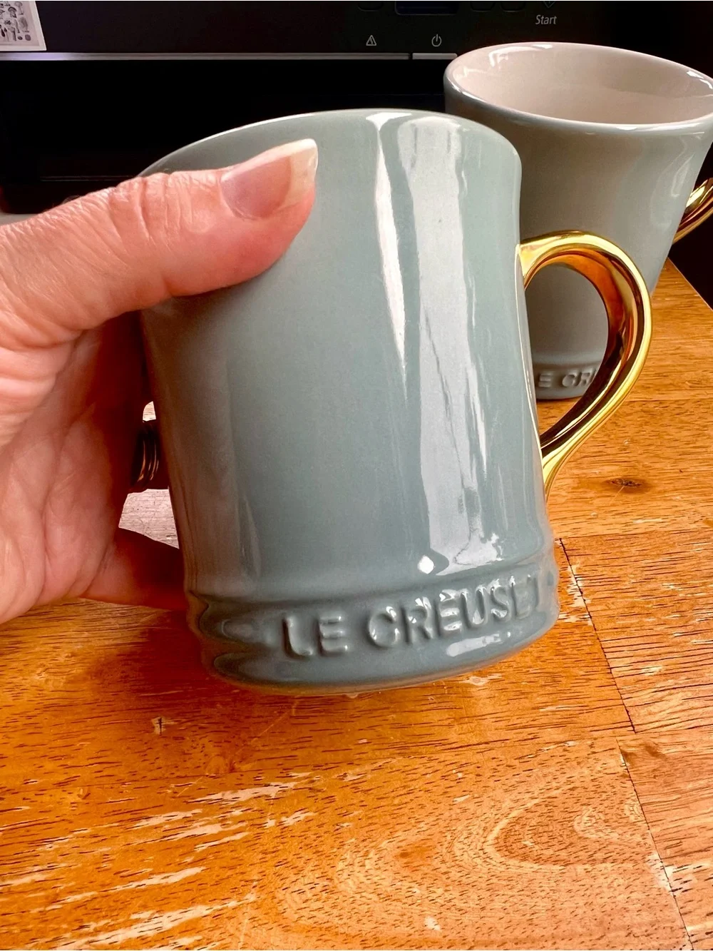 Le Creuset Sea Salt Vancouver Mug Set 2 Gold Handle Coffee Mugs Luxury Kitchen